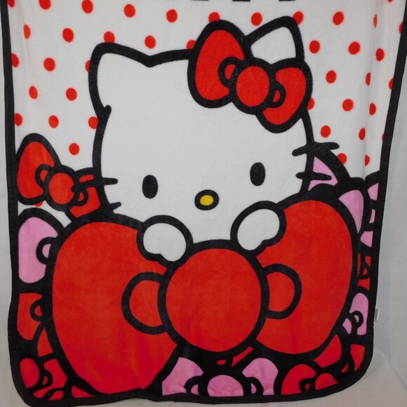 Sanrio Hello Kitty Red White Pink Bows Micro Fleece Plush Blanket 38" x 49" - Picture 3 of 8